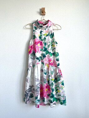 Eliza J Floral Crepe de Chine Skater Dress - Mock Neck Open Back - Size 2